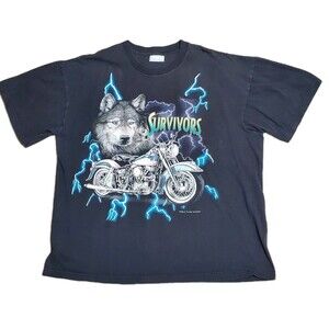 Vintage Mens Thunder Sportswear Graphic T-shirt Wolf, Motorcycle & Lightning
